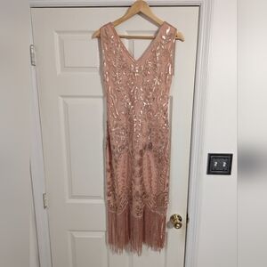 Kayamiya rose gold blush flapper dress sequin fringe size small (read condition)